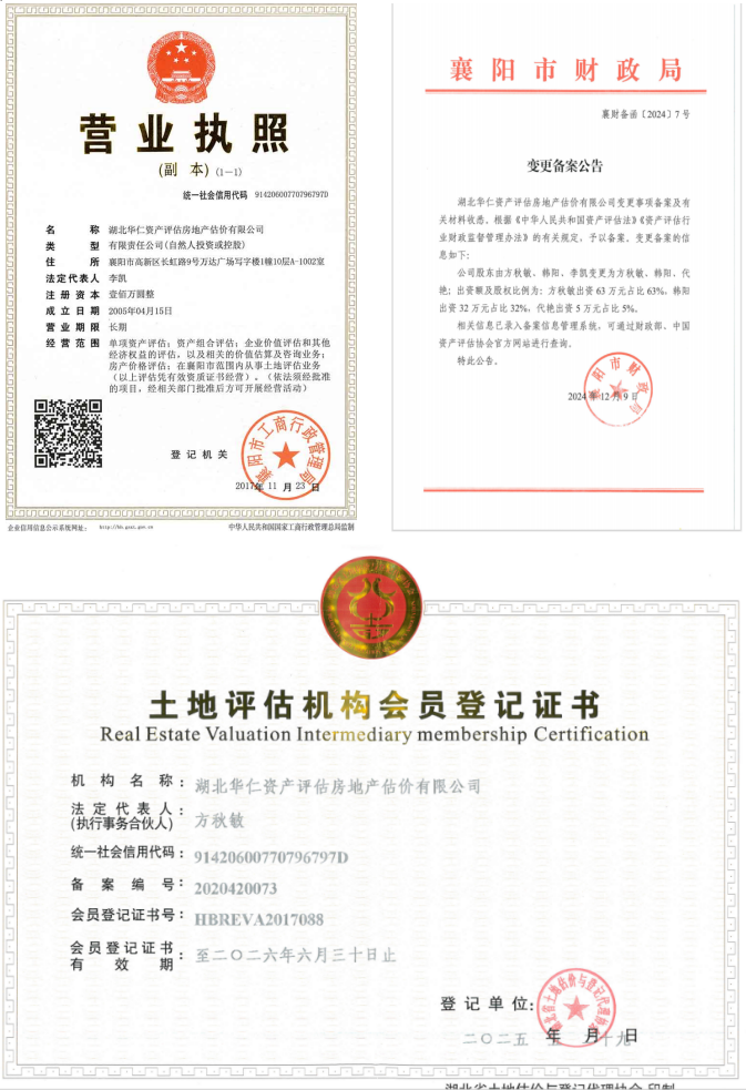 華仁資產(chǎn)評(píng)估房地產(chǎn)估價(jià)有限公司營(yíng)業(yè)執(zhí)照、資產(chǎn)評(píng)估備案公告、土地評(píng)估機(jī)構(gòu)登記證書